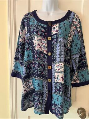 La Cera Patchwork Print‎ Unique Button Front Women's Shirt Large Teal Blue Boho